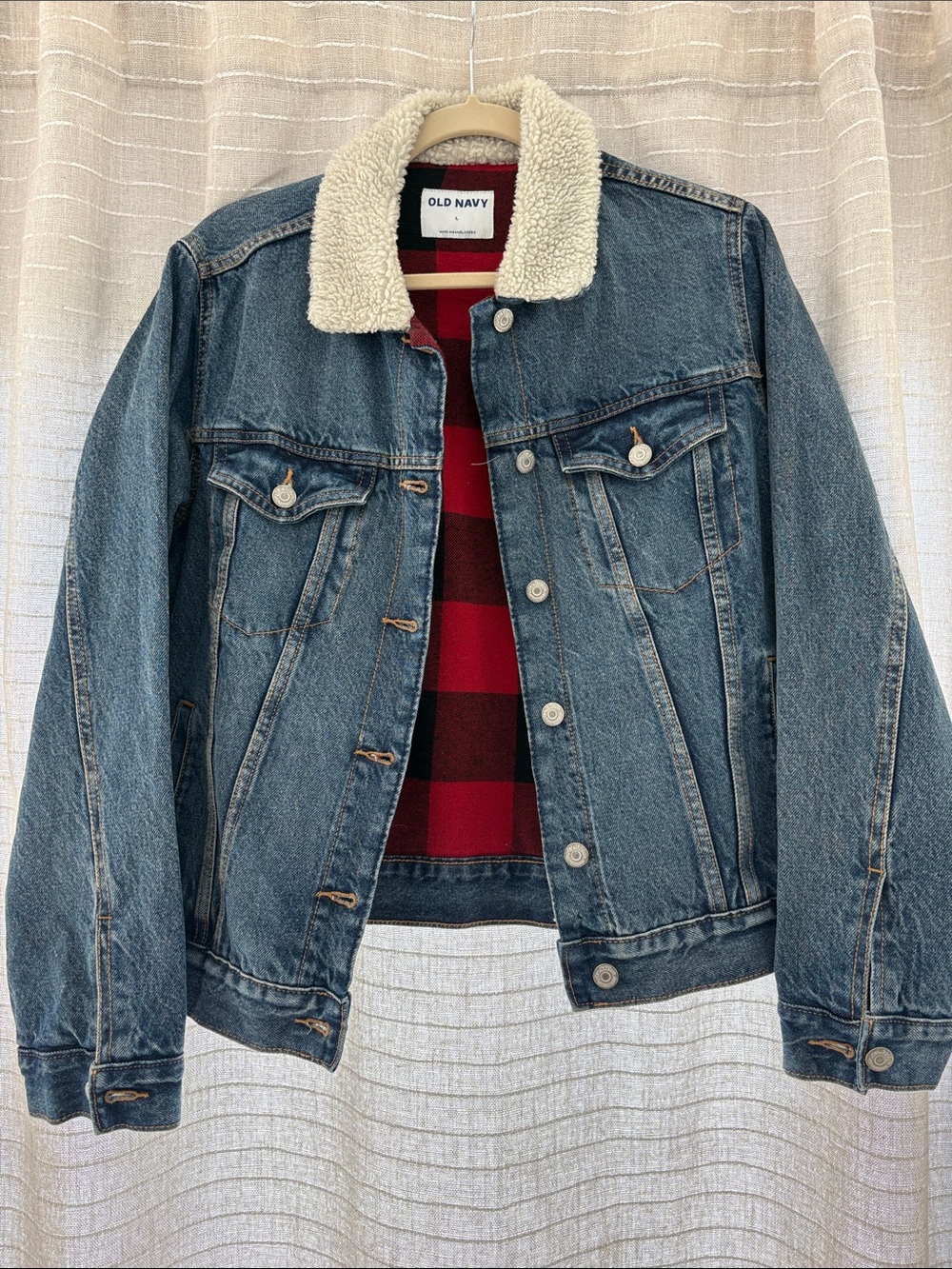 Old Navy Denim Jacket with Cream Sherpa Collar and Red Plaid Lining